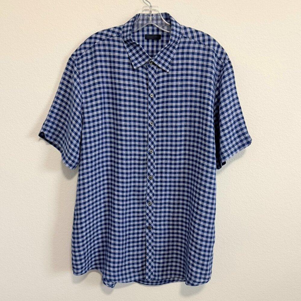 Zachary Prell Short Sleeve Button Front Blue/White Gingham Linen Shirt Size XL.